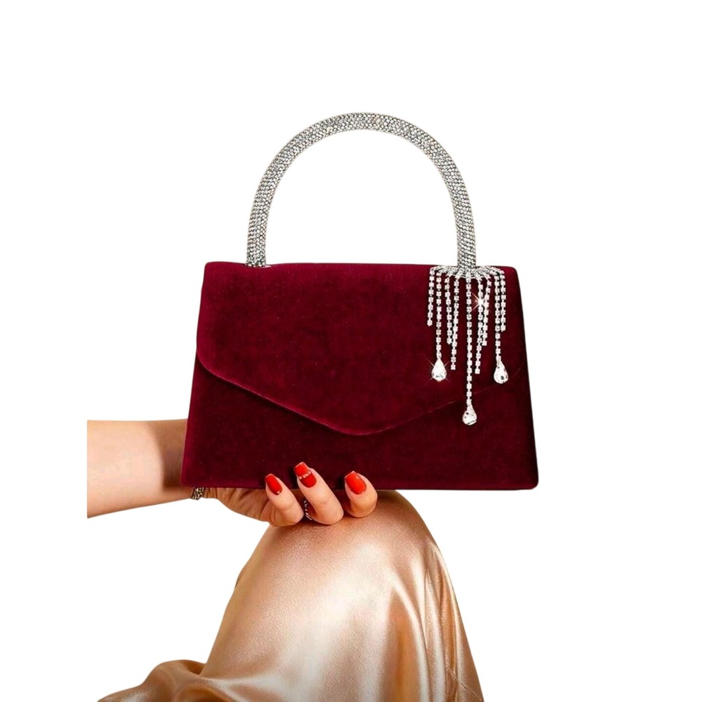 Burgundy Velvet Rhinestone Handle Clutch Evening Bag‎